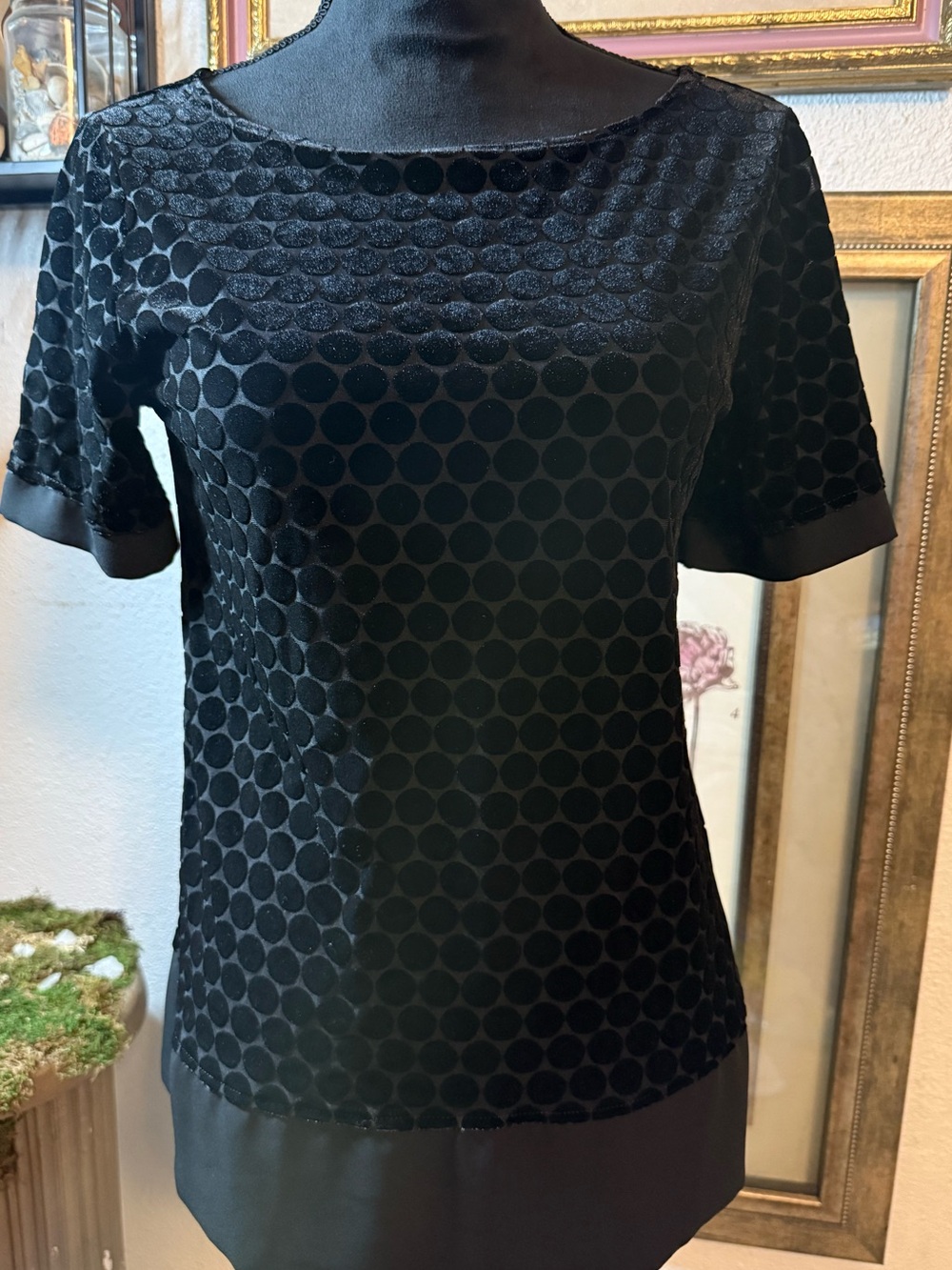 Ann Taylor Black Velvet Polka Dot Sheer Blouse Top Size •Size S•